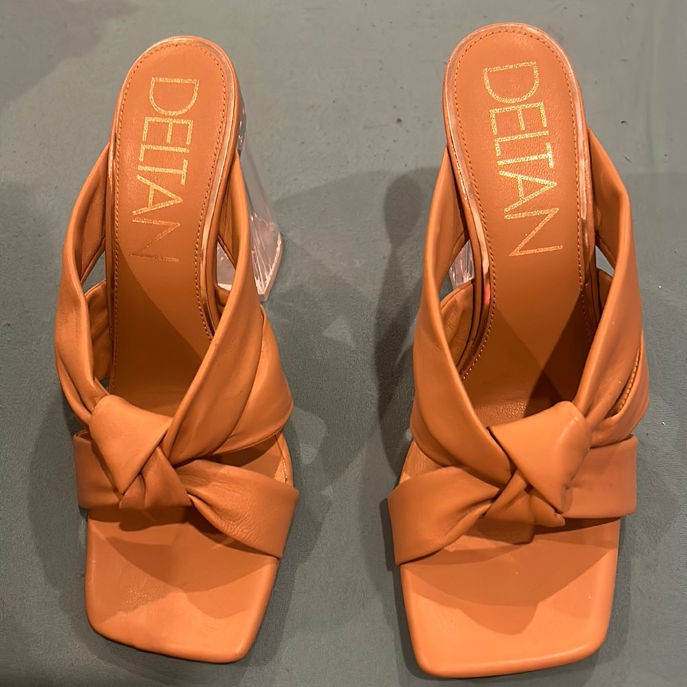 DELTAN - Size 8 1/2 High heel sandals! Tan leather with clear heel!